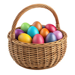Naklejka premium A woven wicker easter basket overflowing with vibrantly colored painted eggs isolated on transparent background
