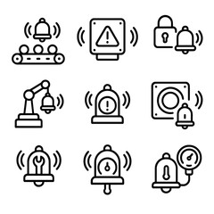 Industrial Buzzer Icons. Outline icon set of industrial machinery buzzers: conveyor belt warning buzzer, machine fault buzzer,