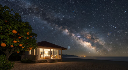 Beach house under milky way galaxy night sky stars ocean view tropical vacation destination beautiful scene