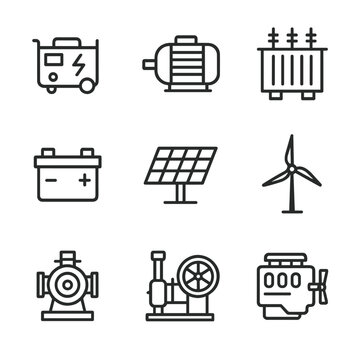 Industrial Power Icons. Outline icon set of industrial power sources: generator, electric motor, transformer, battery, solar panel