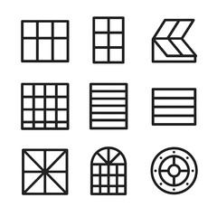 Industrial Window Icons. Outline icon set of industrial windows: factory pane, steel frame window, skylight hatch, grid pane