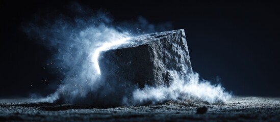 Mysterious cube emitting light surrounded by smoke on barren ground