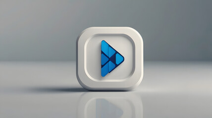 Modern 3D blue play button icon on a sleek gray surface. A futuristic symbol for multimedia, video start, and digital streaming.