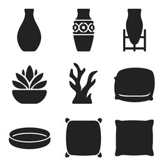 Modern Floor Vase Icons. Solid, filled icons set of modern floor vases: minimalist vase, geometric pattern,