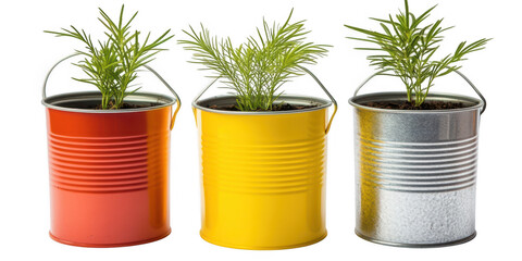 Three colorful cans with plants on transparent png background