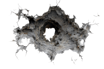 Close-up of a bullet hole impact.  Gray, textured crater with radiating cracks and splinters.  Dark background