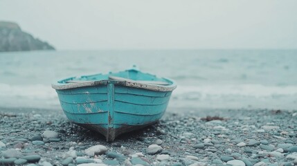 Beautiful blue boat rests on rocky beach by tranquil ocean waves