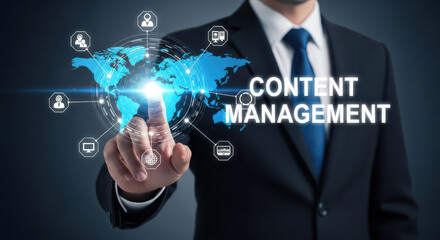 Fototapeta premium businessman pointing at a glowing digital world map network, highlighting content management and global business strategy