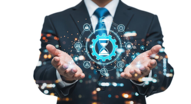 businessman holding a glowing digital network with an hourglass symbolizing time management and efficiency in business operations - Powered by Adobe