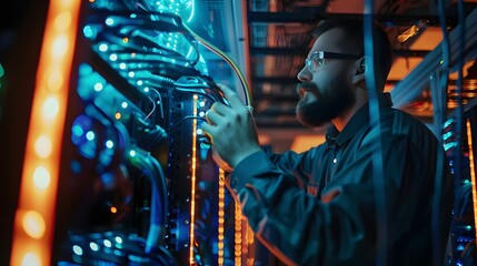Technician adjusting network cables in a server room, illuminated by vibrant LED lights, focused on task