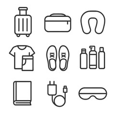 Travel Essentials Icons. Outline icon set of packing items: suitcase, toiletry bag, neck pillow, clothes, shoes, travel bottle set