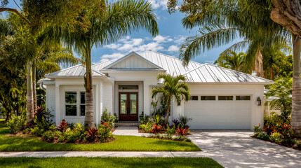 Fototapeta premium A white, modern one-story home with a garage in Florida, front view