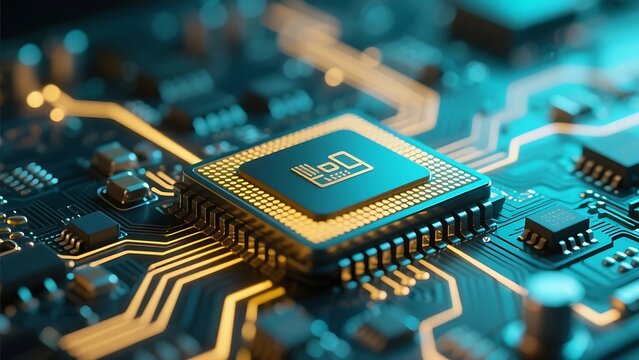 Macro shot of a processor chip with glowing gold circuits, futuristic tech detail, blue and teal lighting, no text.