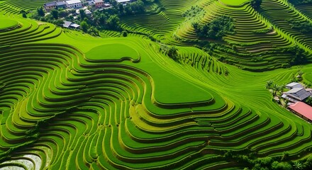 Aerial view of vibrant green rice terraces cascading down a hillside, with villages nestled in the valleys.