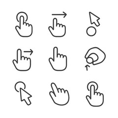Fototapeta premium Interface Action Icons. Outline icon set of interface actions: click, drag, drop, swipe, scroll, zoom, hover, pinch, tap. Line