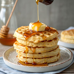 A tall stack of golden waffles drizzled with rich syrup and topped with fresh berries, creating a mouthwatering and indulgent breakfast.
