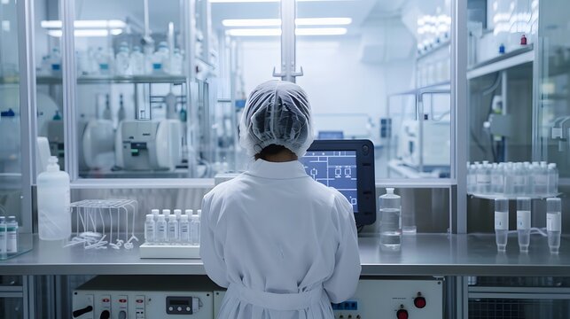 Scientist in laboratory coat analyzing data on computer in a modern research facility - Powered by Adobe