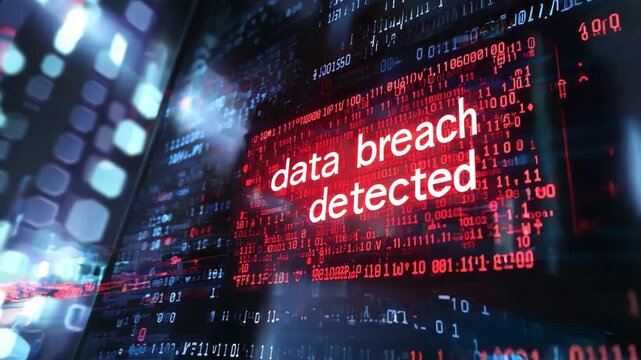 Digital displays highlight a data breach alert with red text amid flowing binary code in a high tech setting - Powered by Adobe