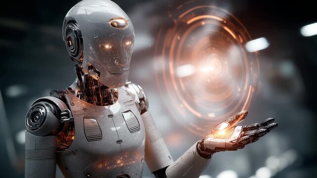 A humanoid robot uses a holographic interface to manipulate digital elements in a futuristic workshop setting