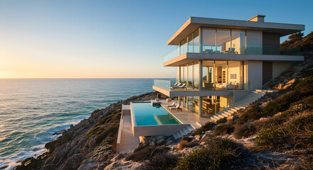 Obraz premium Luxury ocean view home with pool and modern architecture design for real estate and vacation rentals