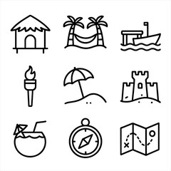 Island Icon Set. Outline icon set of island features: palm hut, hammock, boat dock, tiki torch, beach umbrella, sandcastle,