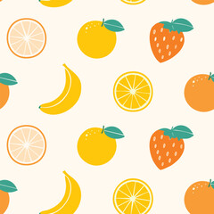 Playful Fruit Seamless Vector Pattern
Bright and fun fruit pattern with lemons, oranges, and bananas in a flat colorful illustration style.