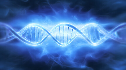 A glowing double helix DNA strand surrounded by ethereal blue healing energy.