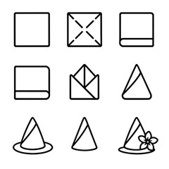 Napkin Folding Icon Set. Outline icon set of napkin folding steps: unfolded napkin, crease marks, half fold,