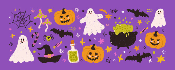 Hand drawn elements Halloween set. Cute and adorable vector illustrations of hat, ghost, bat, candy, funny pumpkins, witch's cauldron, spider. Perfect for greeting card, poster, stickers.