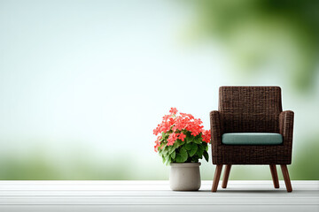 Fototapeta premium Relaxing outdoor scene with woven chair and potted flowers serene garden setting still life photography soft focus background tranquility concept