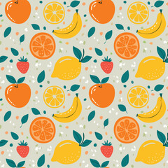Playful Fruit Seamless Vector Pattern
Bright and fun fruit pattern with lemons, oranges, and bananas in a flat colorful illustration style.