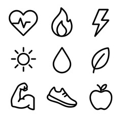 Vitality Icon Set. Outline icon set of vitality symbols: heart with pulse, flame, lightning bolt, sun, water droplet, leaf, muscle