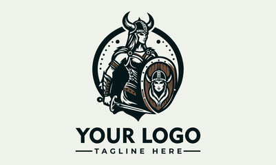 A stylized logo featuring a female Viking warrior with a horned helmet, shield, and sword, set within a circular frame.