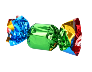 Unwrapped Colorful Candy Wrapper with Open Ends and Crumpled Texture, Angled View, White Background