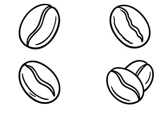 Black and white set of four outlined coffee beans in various positions. Hand-drawn cartoon style. Perfect for coloring books, logos, templates, and minimalist cafe or coffee-themed designs.