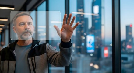 Mature man uses interactive transparent screen with city skyline blurred in background, future tech concept