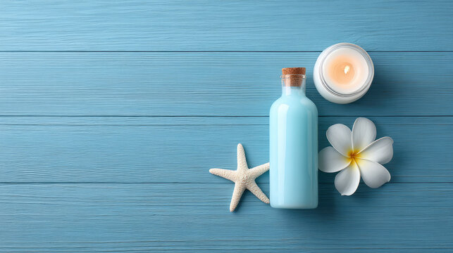 Relaxing spa essentials blue bottle candle starfish exotic flower on wooden table serene atmosphere for tranquility and wellness