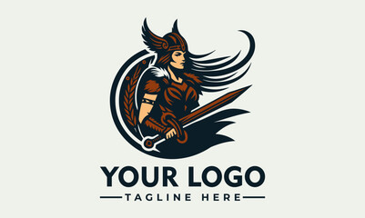 A stylized logo featuring a warrior woman, sword, and shield, with a circular design element.