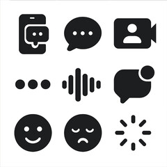 Nighttime Digital Interaction Icons. Solid, filled icons set of night-time digital interaction: chat app,