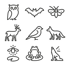 Fototapeta premium Dusk and Twilight Icons. Outline icon set of dusk wildlife: owl silhouette, bat in flight, crepuscular insect, deer at edge,