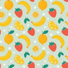 Playful Fruit Seamless Vector Pattern
Bright and fun fruit pattern with lemons, oranges, and bananas in a flat colorful illustration style.