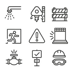 Launch Pad Safety Icons. Outline icon set of launch pad safety systems: fire suppression, emergency escape, safety barriers,