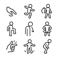 Leap Gesture Icons. Outline icon set of leap gestures: hand jump, foot leap, arm swing, leg lift, head nod, torso twist, finger