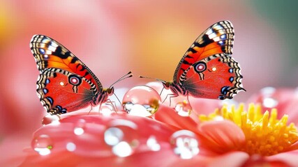 Two butterflies pause on vibrant flowers as water droplets catch the sunlight in a serene natural setting during the morning