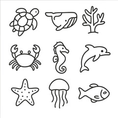 Ocean Fauna Icons. Outline icon set of ocean fauna: sea turtle, whale, coral, crab, seahorse, dolphin,