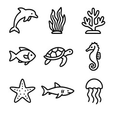 Ocean Ecosystem Icons. Outline icon set of ocean ecosystem: dolphin, seaweed, coral, fish, turtle, seahorse,