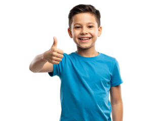 A boy in a blue t-shirt is smiling and giving a thumbs-up gesture, with isolated on transparent background.
