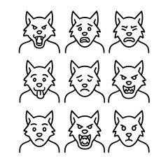 Werewolf Emotion Icons. Outline icon set of werewolf emotions and states: rage, fear, pain, hunger, loneliness, aggression,
