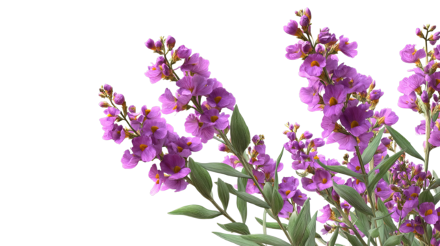 PNG of Beautiful purple flowers with vibrant blossoms and lush green leaves, exuding a cheerful and refreshing vibe.
