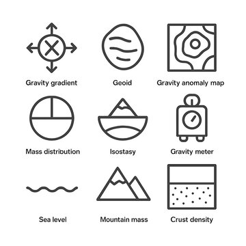 Earth Gravity Icon Set. Outline icon set of Earth gravity-related features: gravity gradient, geoid, gravity anomaly map, mass
